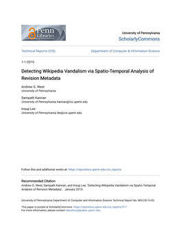 Detecting Wikipedia Vandalism Via Spatio-Temporal Analysis of Revision Metadata