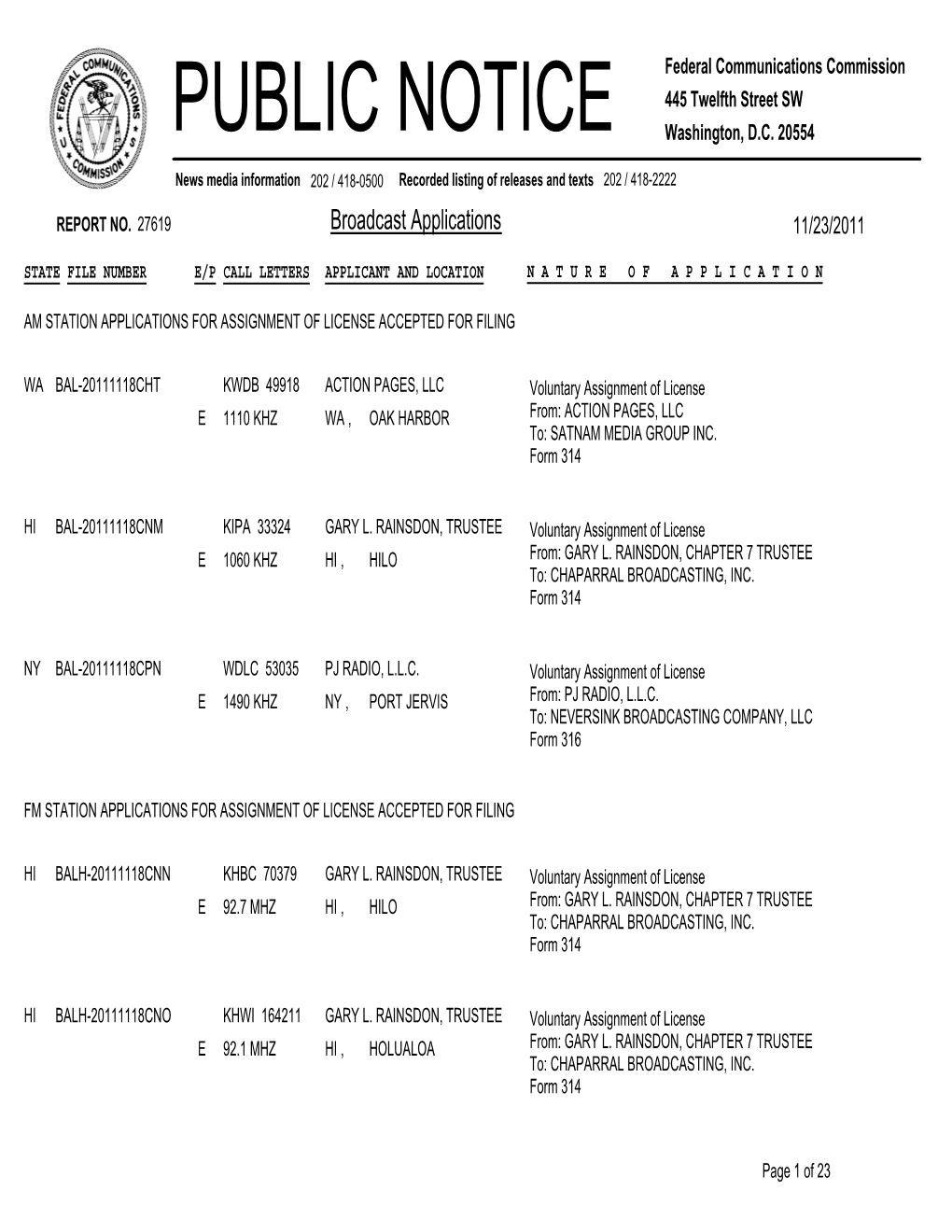 Broadcast Applications 11/23/2011