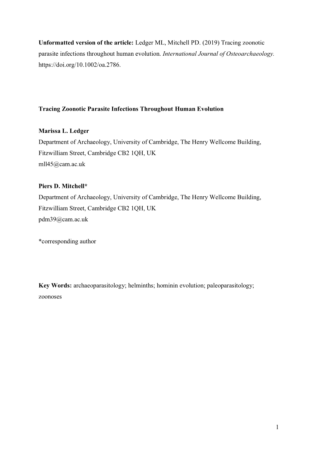 (2019) Tracing Zoonotic Parasite Infections Throughout Human Evolution