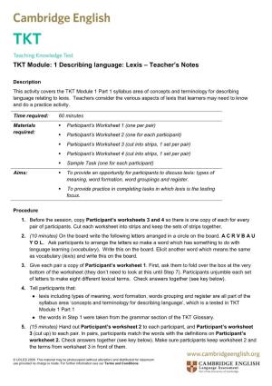 TKT Module: 1 Describing Language: Lexis – Teacher's Notes