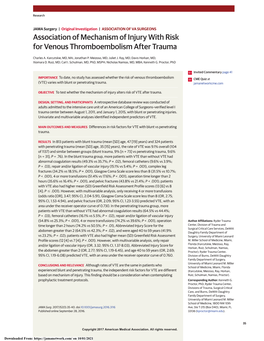 Association of Mechanism of Injury with Risk for Venous Thromboembolism After Trauma