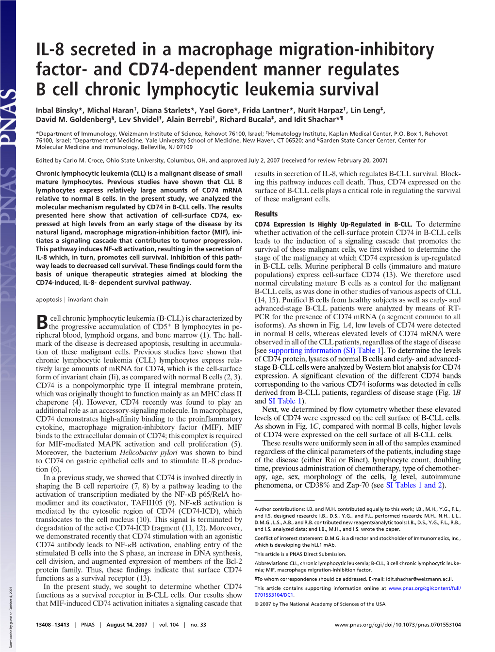 And CD74-Dependent Manner Regulates B Cell Chronic Lymphocytic Leukemia Survival