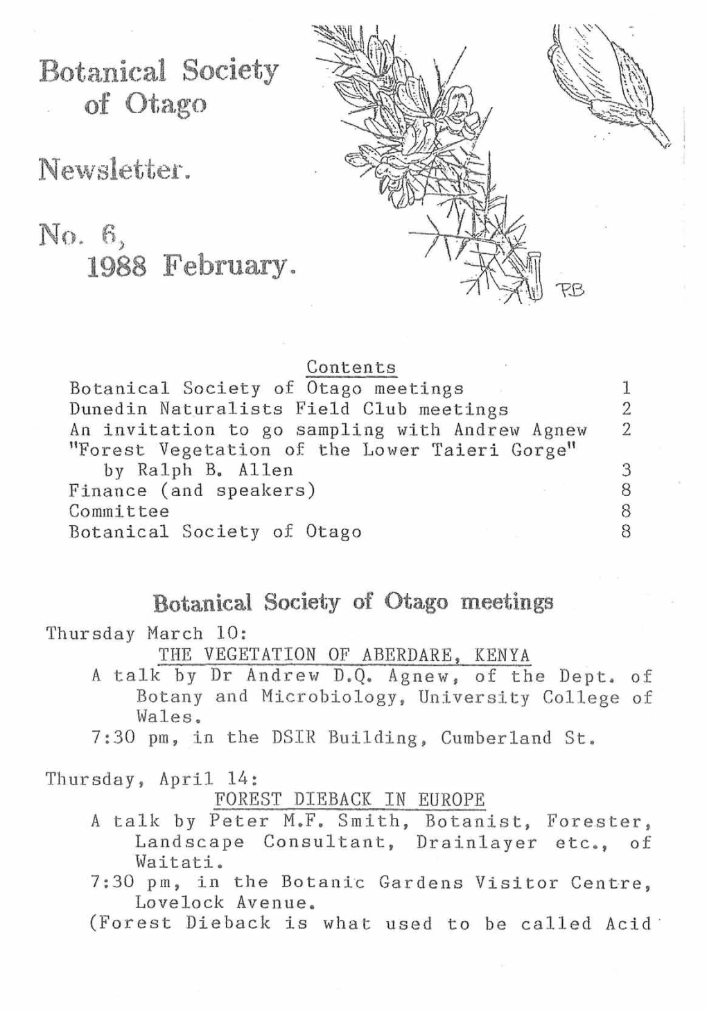 Botanical Society of Otago Newsletter. No, 6, 1988 February