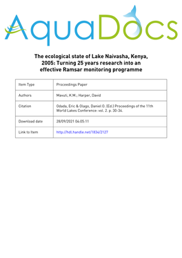 The Ecological State of Lake Naivasha, Kenya, 2005: Turning 25 Years Research Into an Effective Ramsar Monitoring Programme