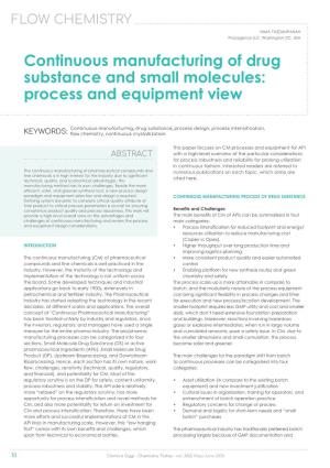 Continuous Manufacturing of Drug Substance and Small Molecules: Process and Equipment View