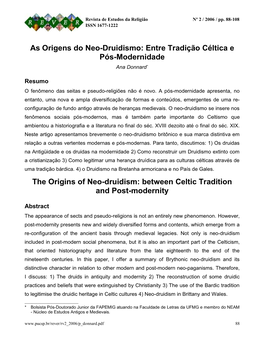 Entre Tradição Céltica E Pós-Modernidade the Origins of Neo-Druidism