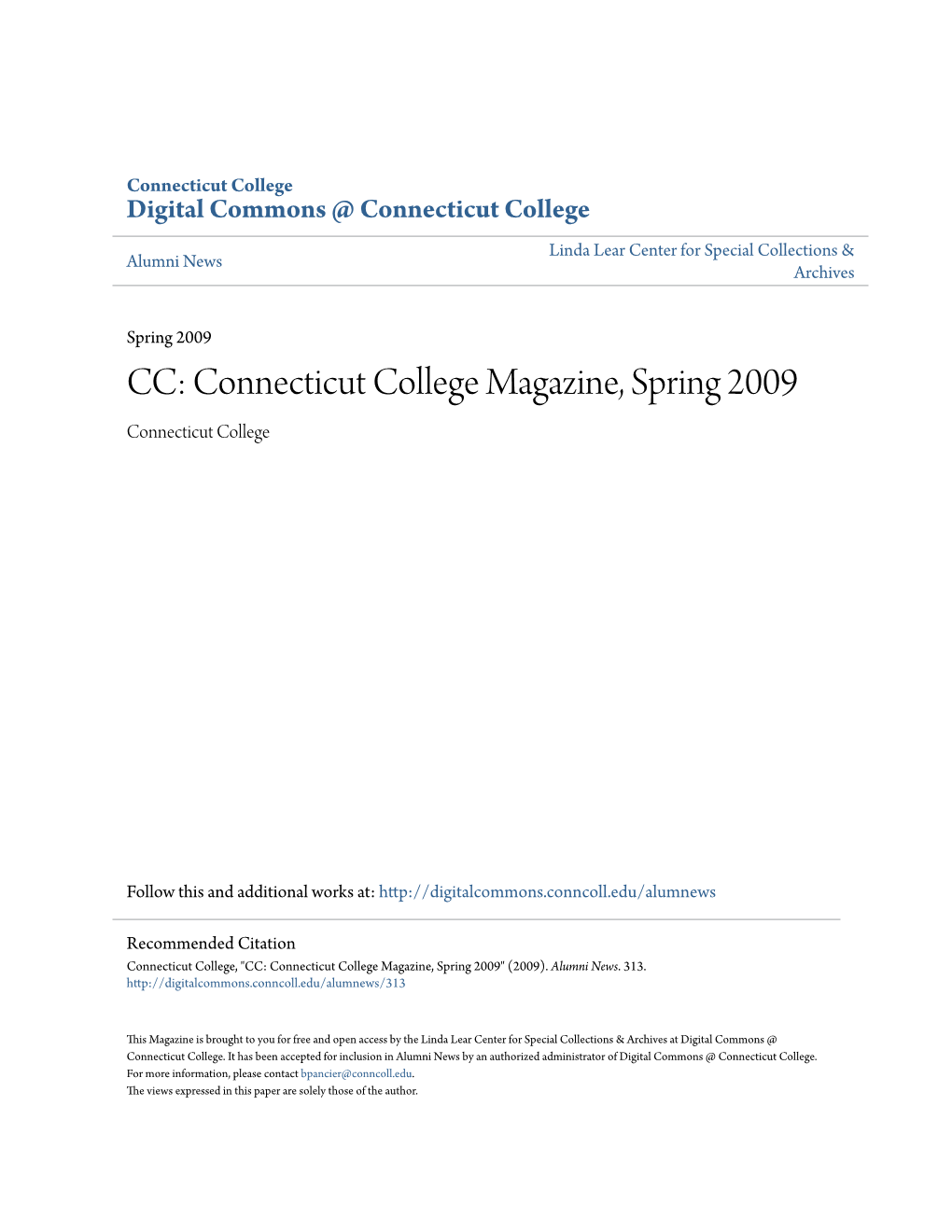 Connecticut College Magazine, Spring 2009 Connecticut College