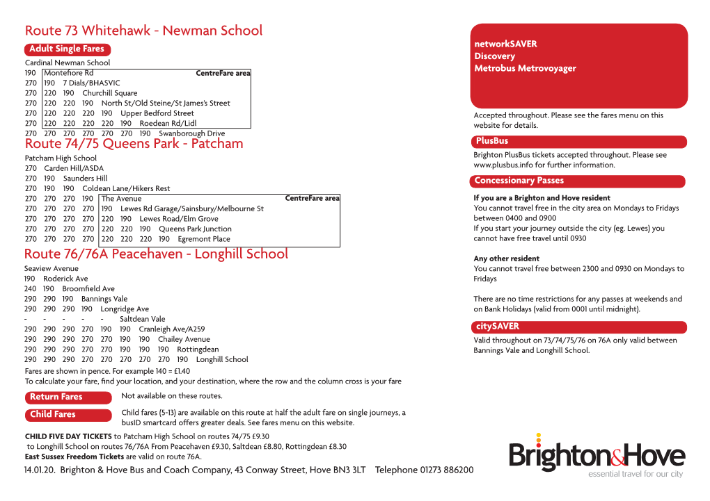 Route 74/75 Queens Park - Patcham Plusbus Patcham High School Brighton Plusbus Tickets Accepted Throughout