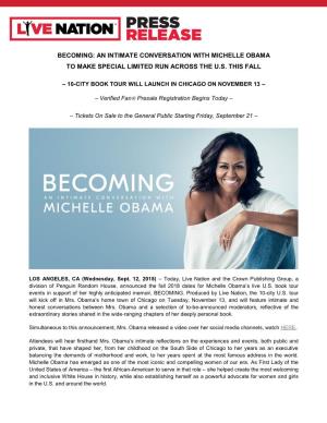 Becoming: an Intimate Conversation with Michelle Obama to Make Special Limited Run Across the U.S