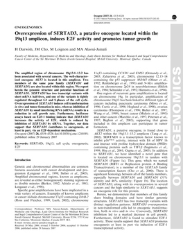 ONCOGENOMICS Overexpression of SERTAD3, a Putative Oncogene Located Within the 19Q13 Amplicon, Induces E2F Activity and Promotes Tumor Growth