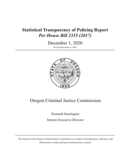 Statistical Transparency of Policing Report Per House Bill 2355 (2017) December 1, 2020 Revised December 8, 2020