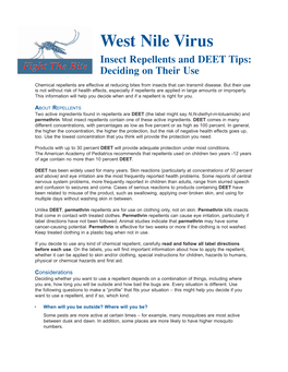 West Nile Virus Insect Repellents and DEET Tips: Deciding on Their Use