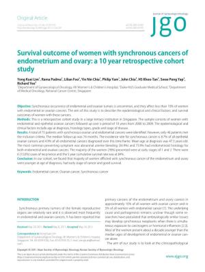 Survival Outcome of Women with Synchronous Cancers of Endometrium and Ovary: a 10 Year Retrospective Cohort Study