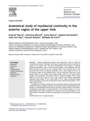 Anatomical Study of Myofascial Continuity in the Anterior Region of the Upper Limb