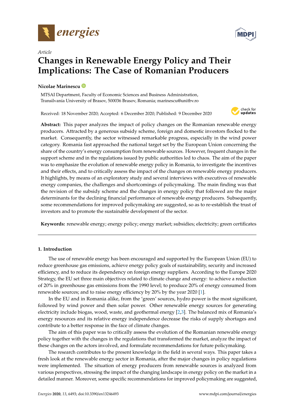 Changes in Renewable Energy Policy and Their Implications: the Case of Romanian Producers