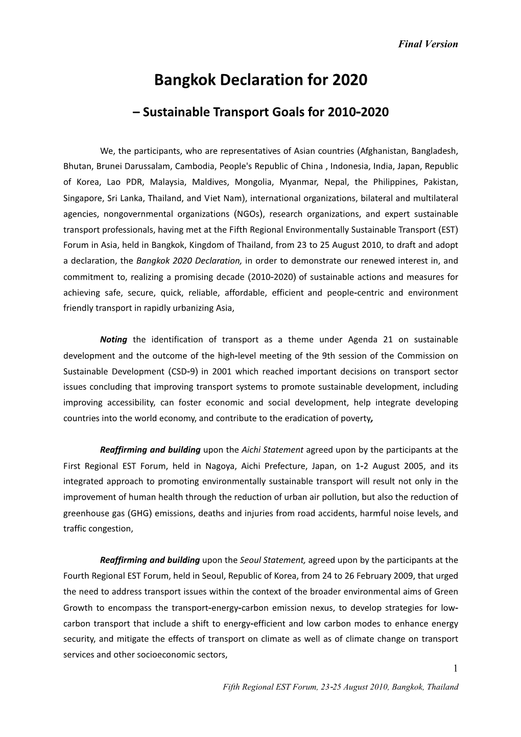 Bangkok Declaration for 2020