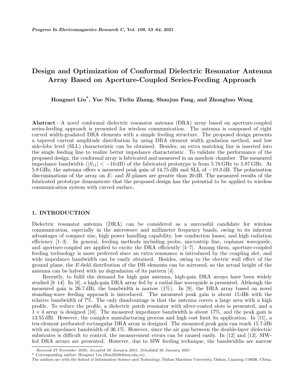 Design and Optimization of Conformal Dielectric Resonator Antenna Array Based on Aperture-Coupled Series-Feeding Approach