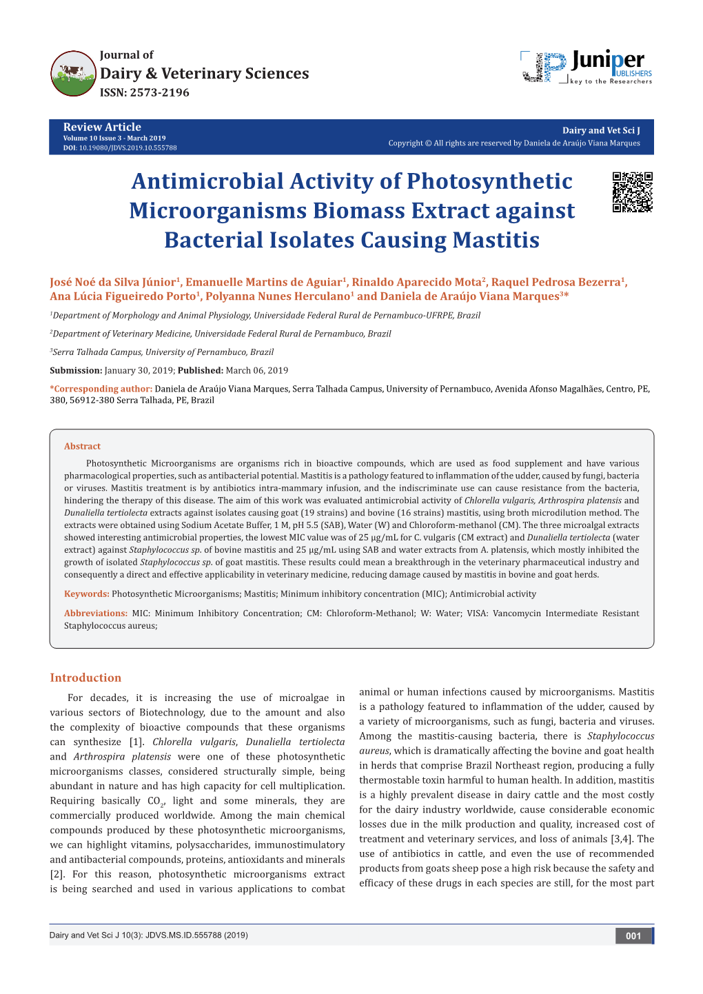 Antimicrobial Activity of Photosynthetic Microorganisms Biomass Extract Against Bacterial Isolates Causing Mastitis