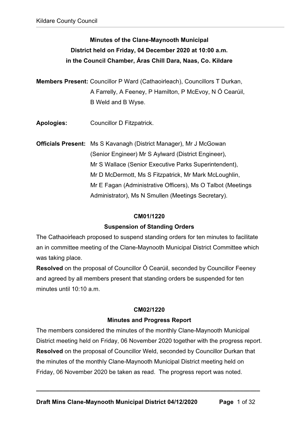 Draft Mins Clane-Maynooth Municipal District 04/12/2020 Page 1 of 32 Kildare County Council