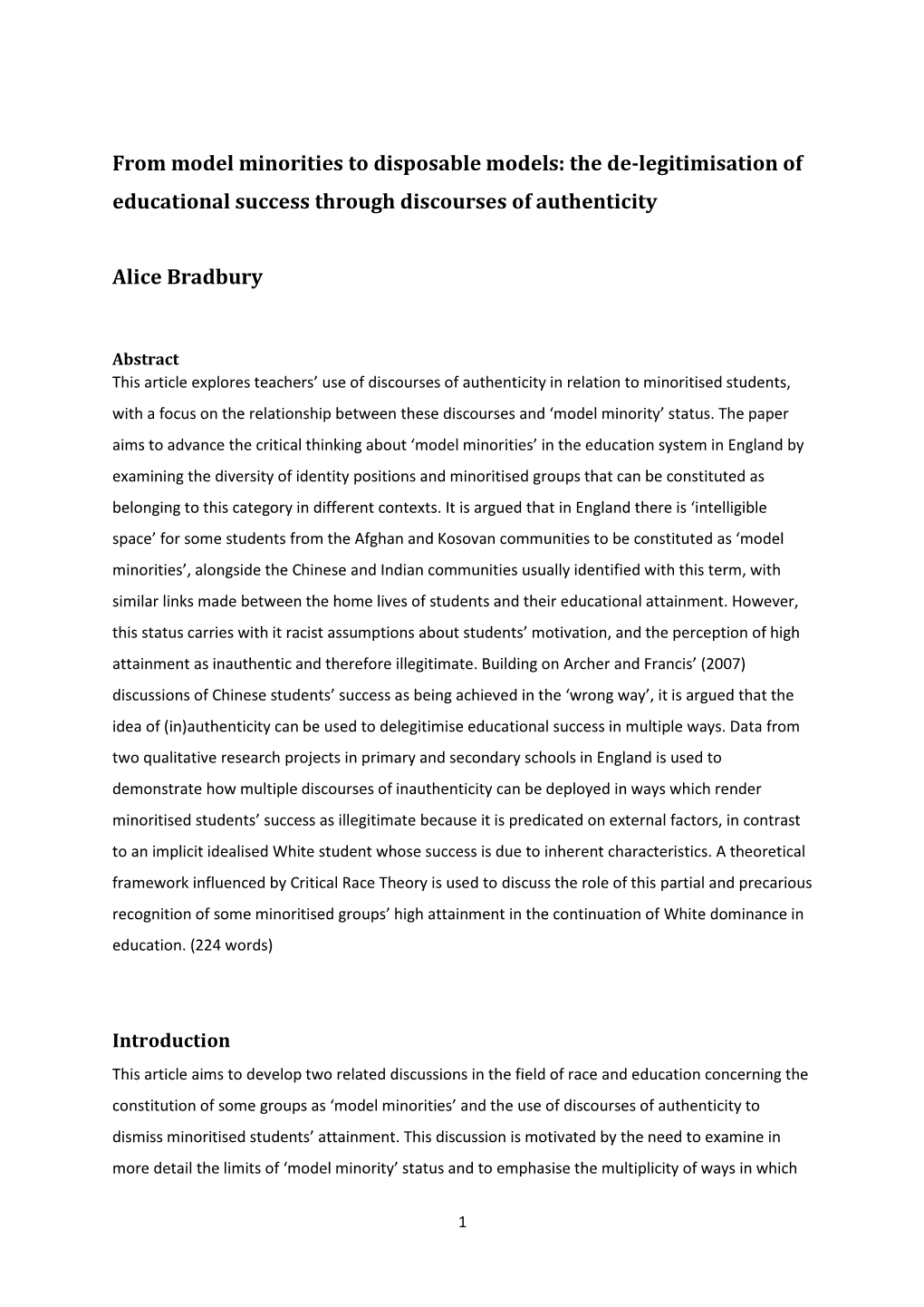 From Model Minorities to Disposable Models: the De-Legitimisation of Educational Success Through Discourses of Authenticity