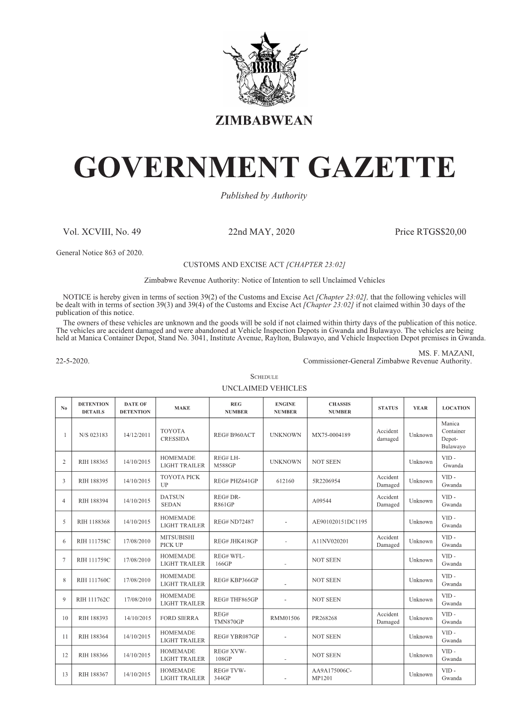 ZIMBABWEAN GOVERNMENT GAZETTE Published by Authority