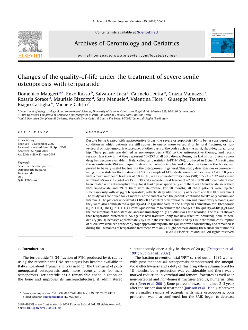 Changes of the Quality-Of-Life Under the Treatment of Severe Senile Osteoporosis with Teriparatide