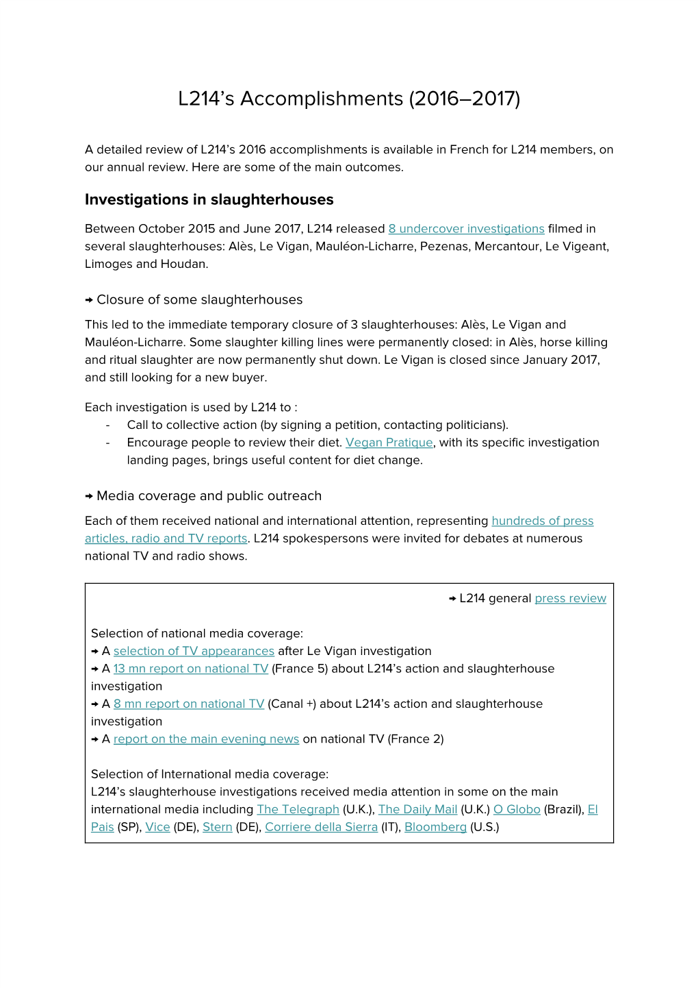 L214's​​Accomplishments​​(2016–2017)