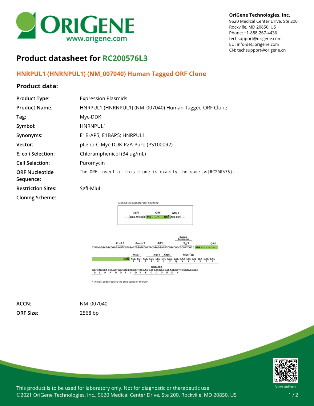 HNRPUL1 (HNRNPUL1) (NM 007040) Human Tagged ORF Clone Product Data