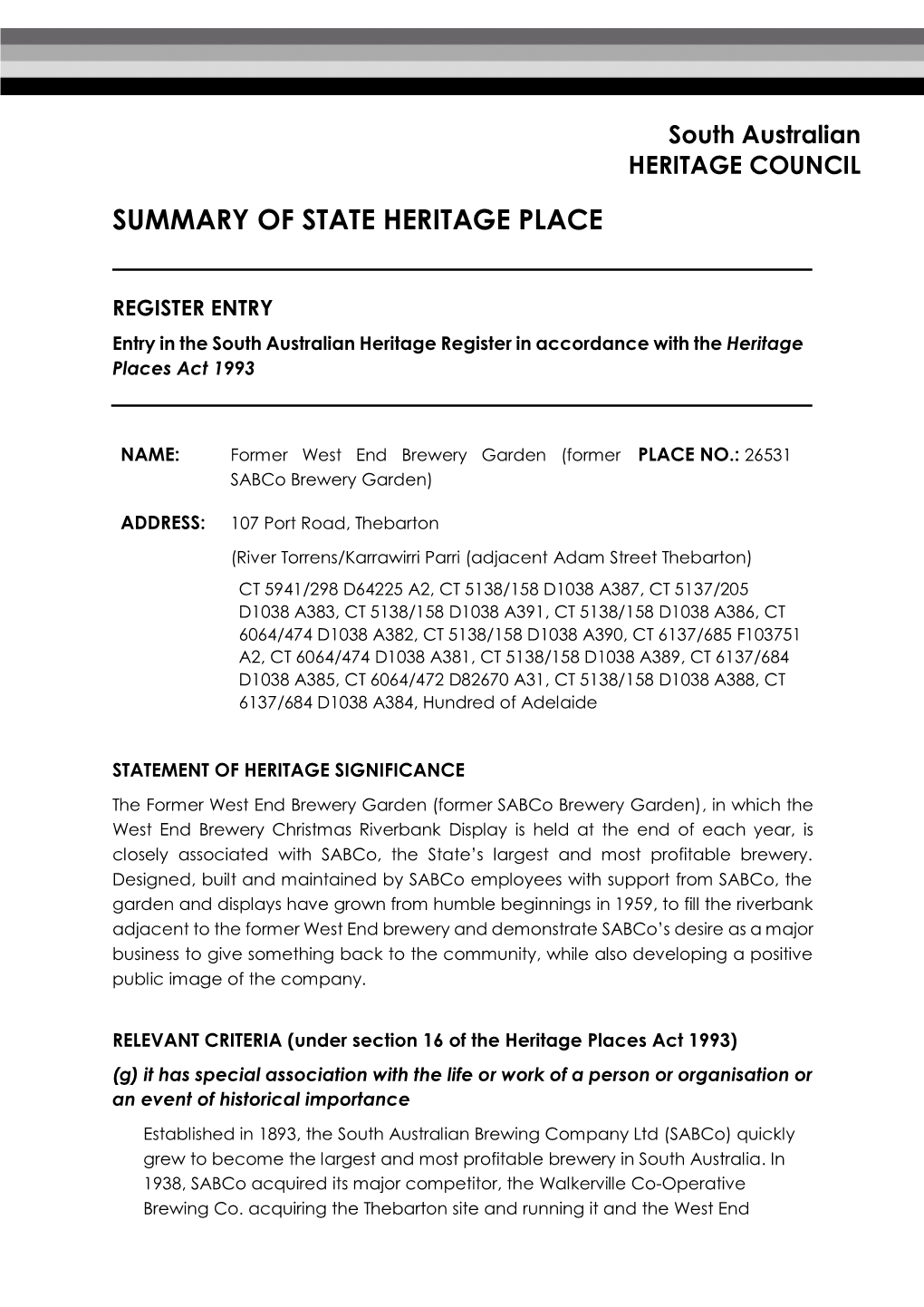 Summary of State Heritage Place