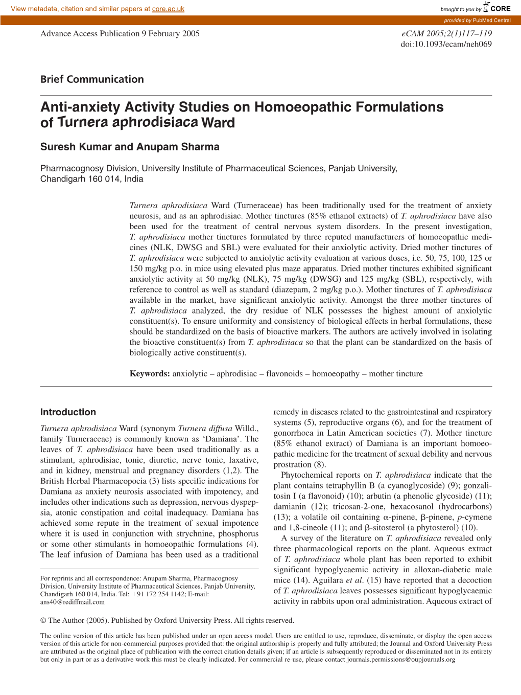 Anti-Anxiety Activity Studies on Homoeopathic Formulations of Turnera Aphrodisiaca Ward