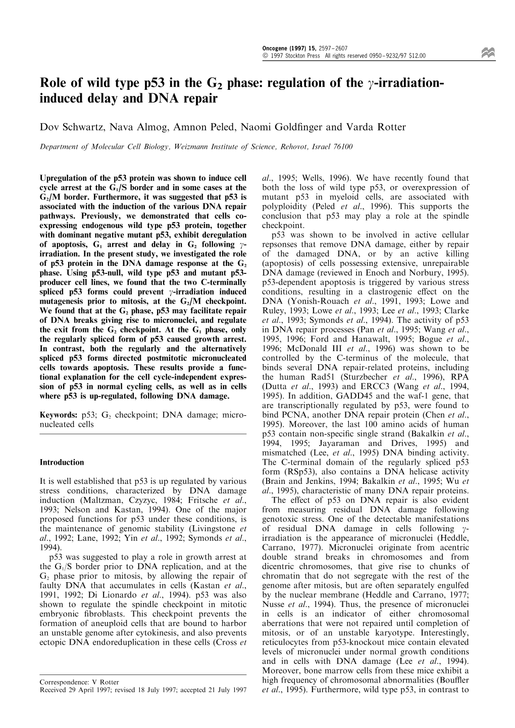 Role of Wild Type P53 in the G2 Phase: Regulation of the G-Irradiation- Induced Delay and DNA Repair