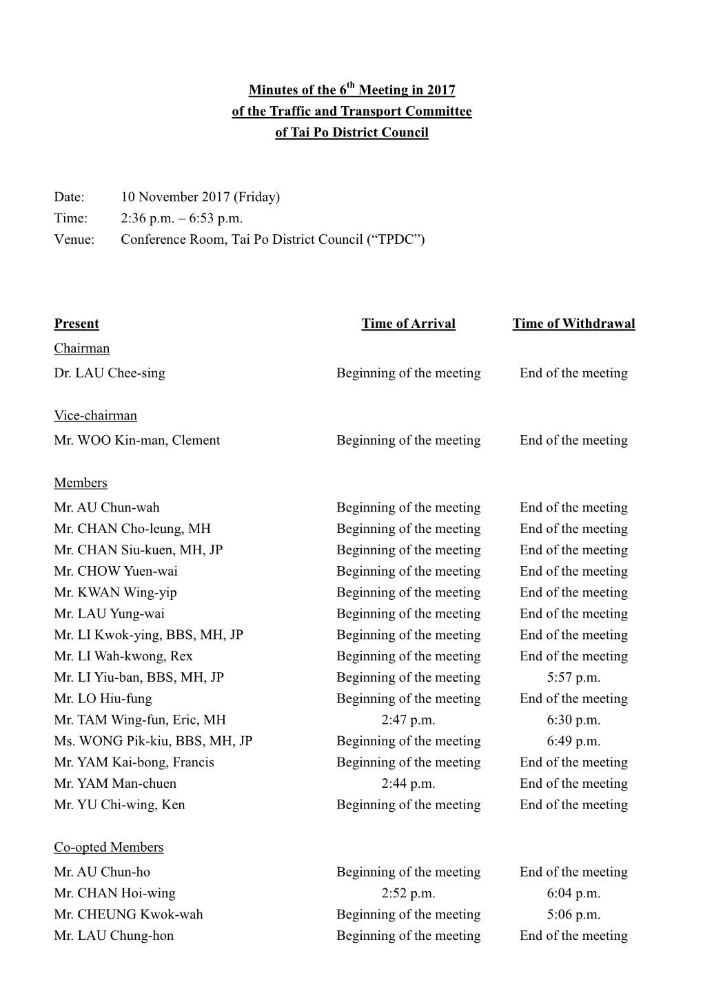 Minutes of the 6 Meeting in 2017 of the Traffic and Transport Committee