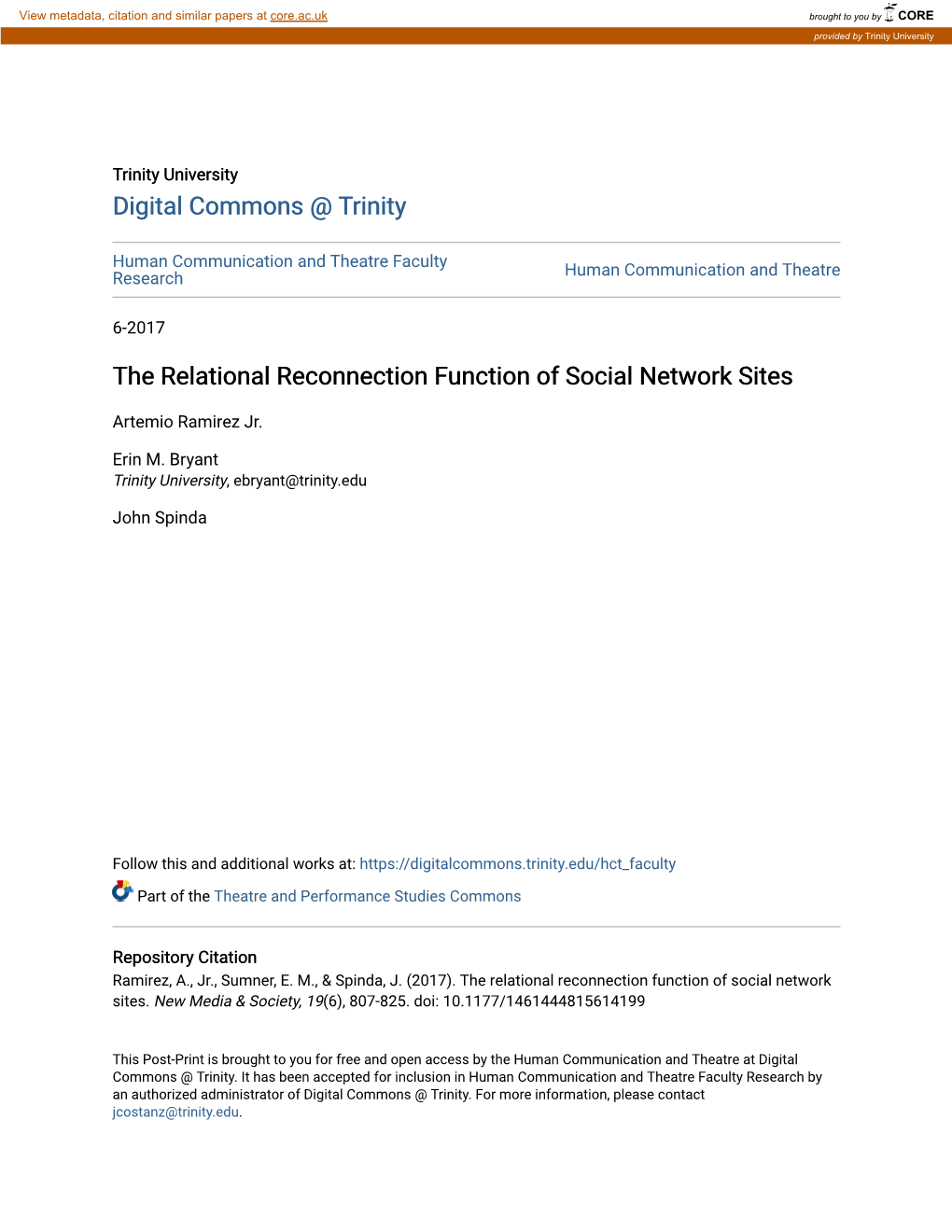 The Relational Reconnection Function of Social Network Sites