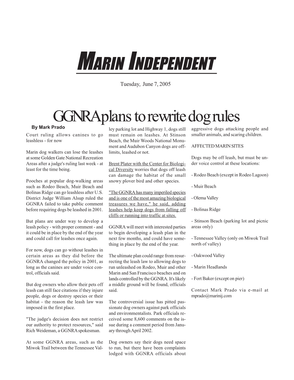 GGNRA Plans to Rewrite Dog Rules MARIN INDEPENDENT