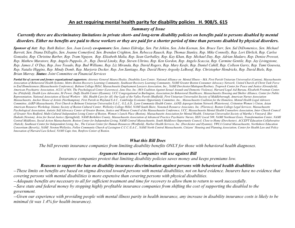An Act Requiring Mental Health Parity for Disability Policies H. 908/S