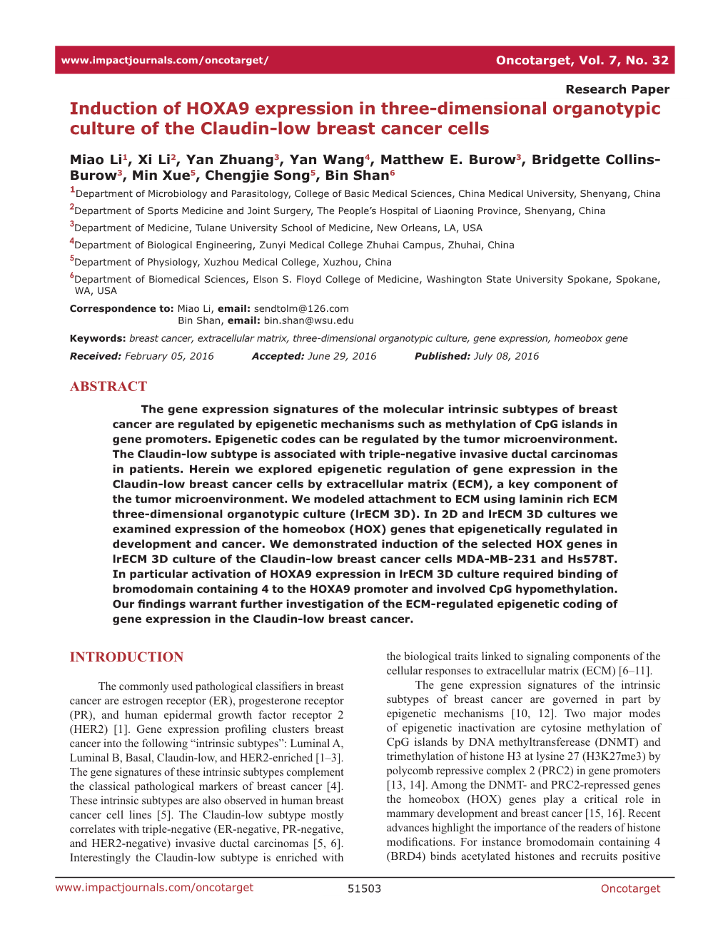 Induction of HOXA9 Expression in Three-Dimensional Organotypic Culture of the Claudin-Low Breast Cancer Cells