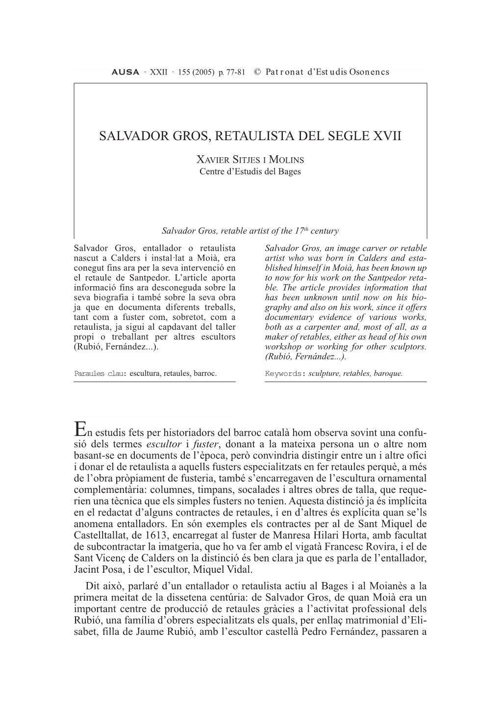 Salvador Gros, Retaulista Del Segle Xvii