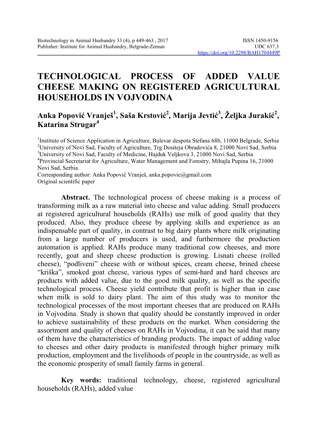 Technological Process of Added Value Cheese Making on Registered Agricultural Households in Vojvodina