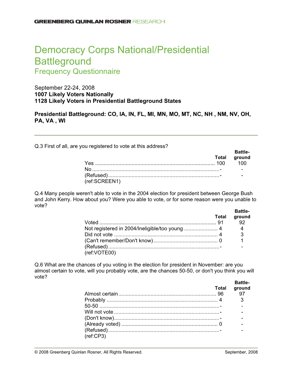 Democracy Corps National/Presidential Battleground Frequency Questionnaire