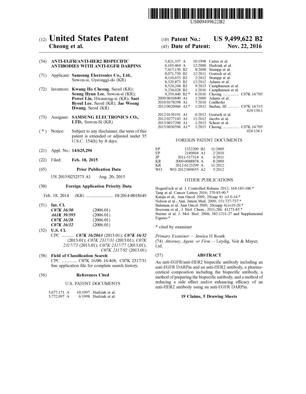 (12) United States Patent (10) Patent No.: US 9,499,622 B2 Cheong Et Al