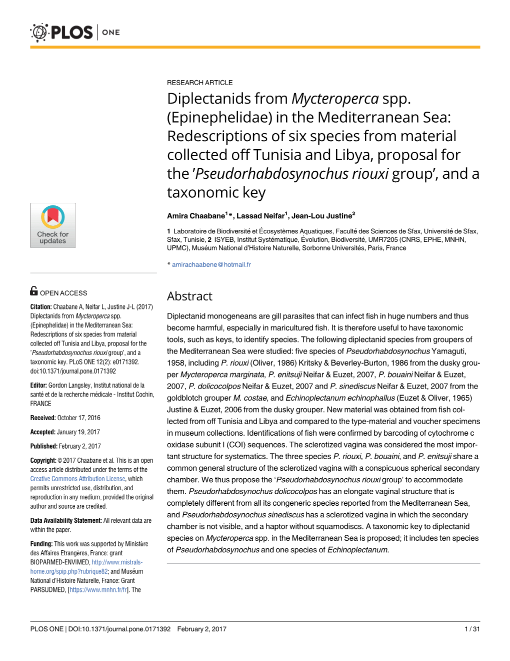 Diplectanids from Mycteroperca Spp. (Epinephelidae) in The