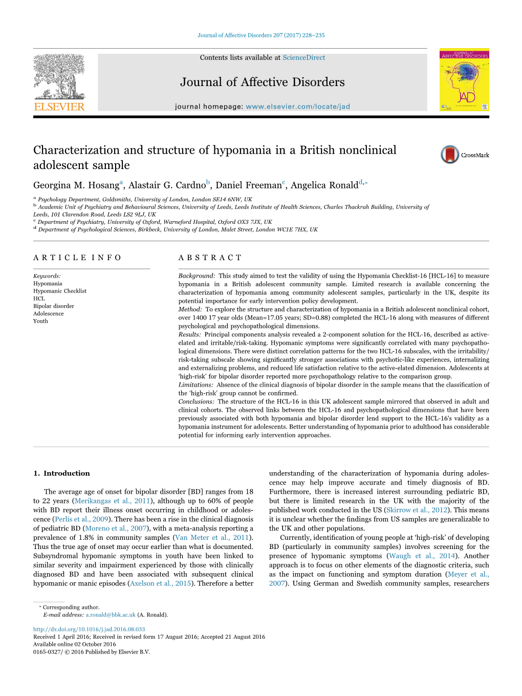 Characterization and Structure of Hypomania in a British Nonclinical Adolescent Sample Crossmark ⁎ Georgina M