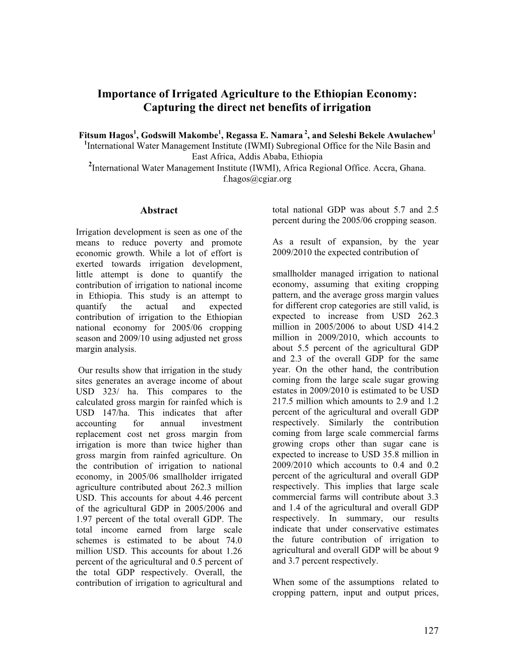 Importance of Irrigated Agriculture to the Ethiopian Economy: Capturing the Direct Net Benefits of Irrigation