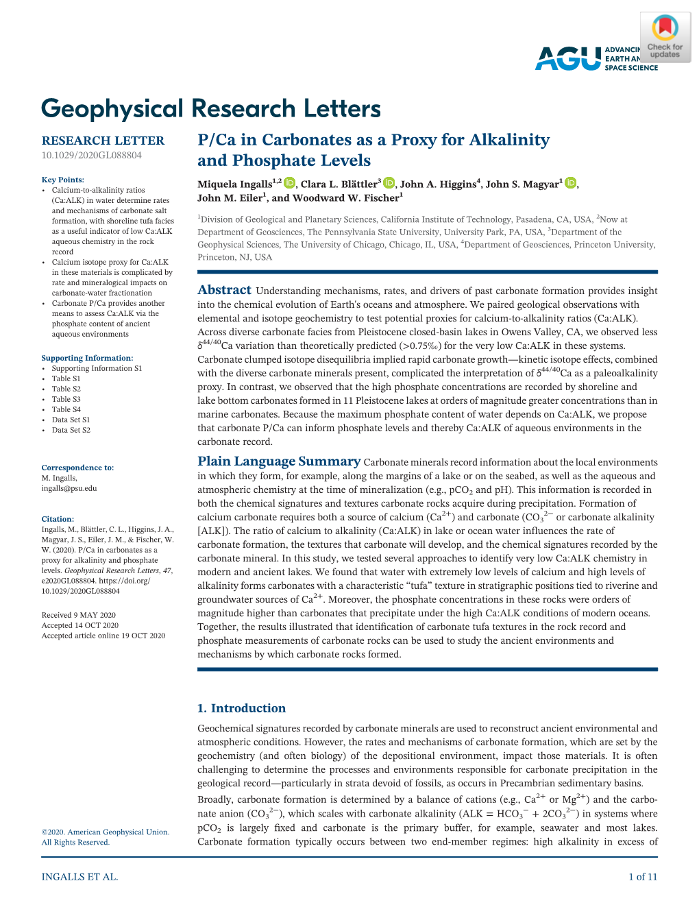 P/Ca in Carbonates As a Proxy for Alkalinity and Phosphate Levels