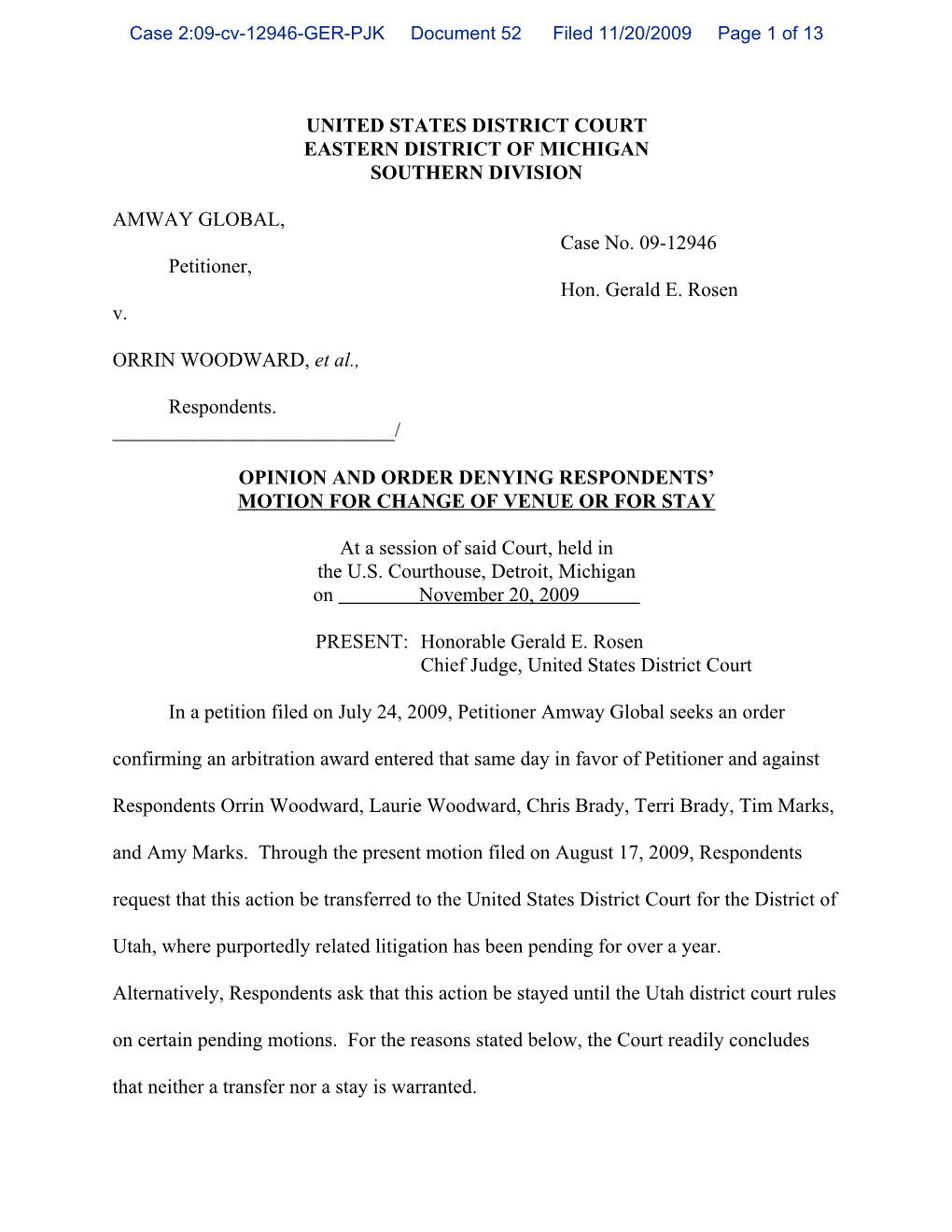 S:\Rosen\Opinions & Orders\47 November 2009\Amway.Tran.Wpd