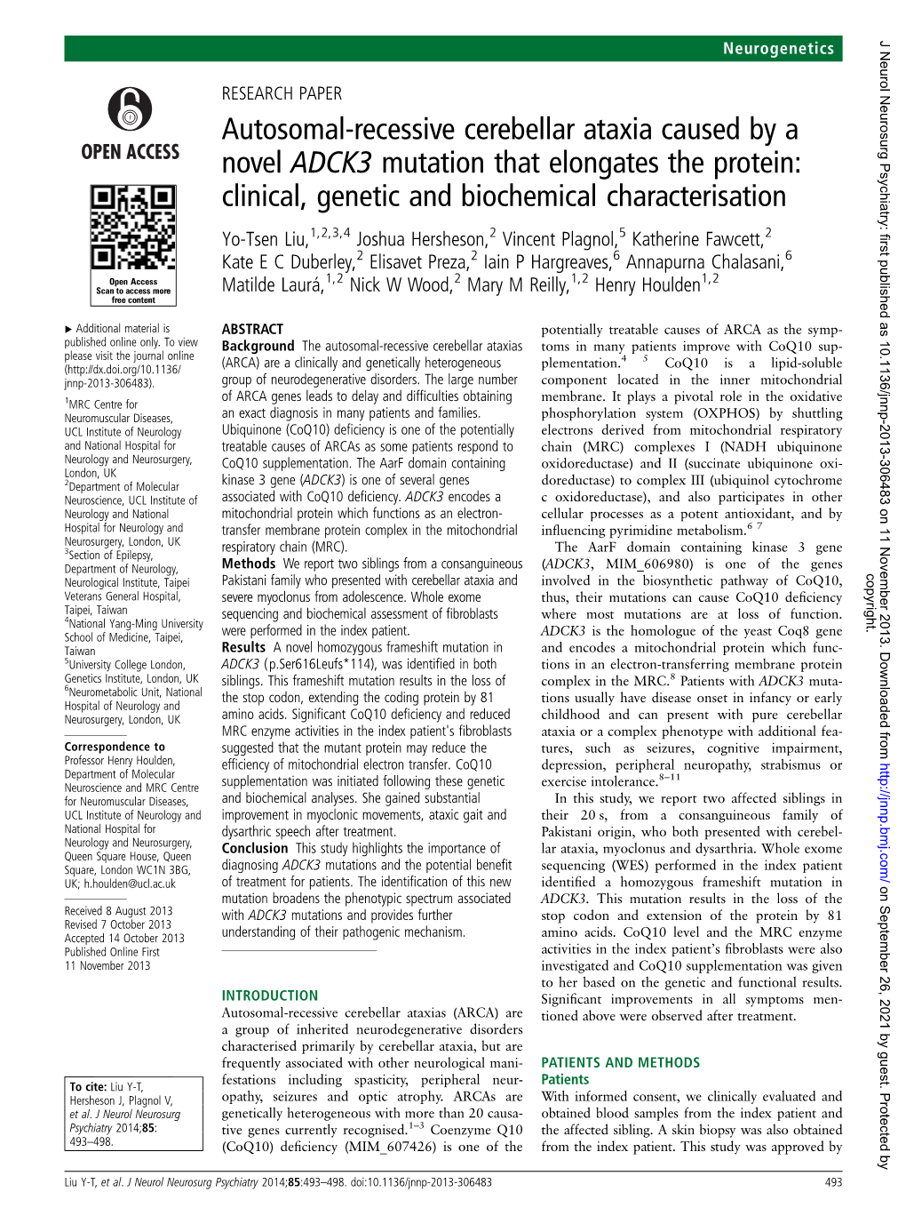 Autosomal-Recessive Cerebellar Ataxia Caused by a Novel ADCK3