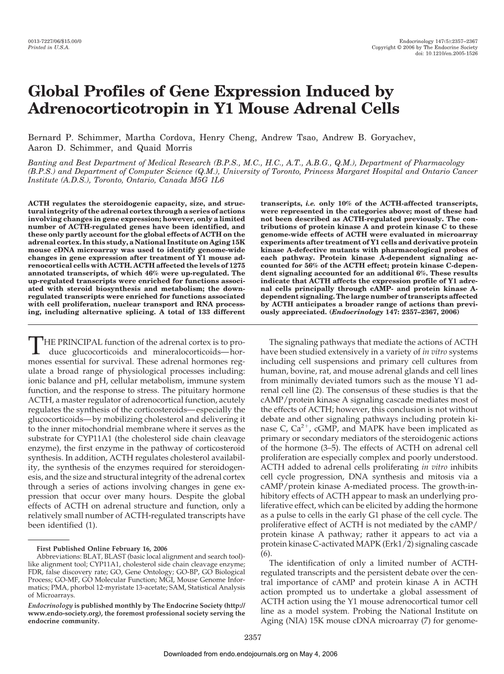 Global Profiles of Gene Expression Induced by Adrenocorticotropin in Y1 Mouse Adrenal Cells