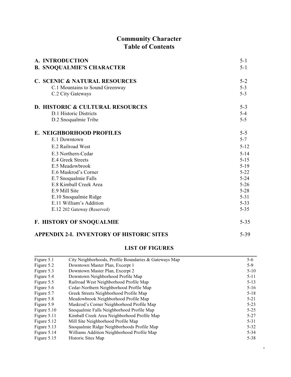 Community Character Table of Contents