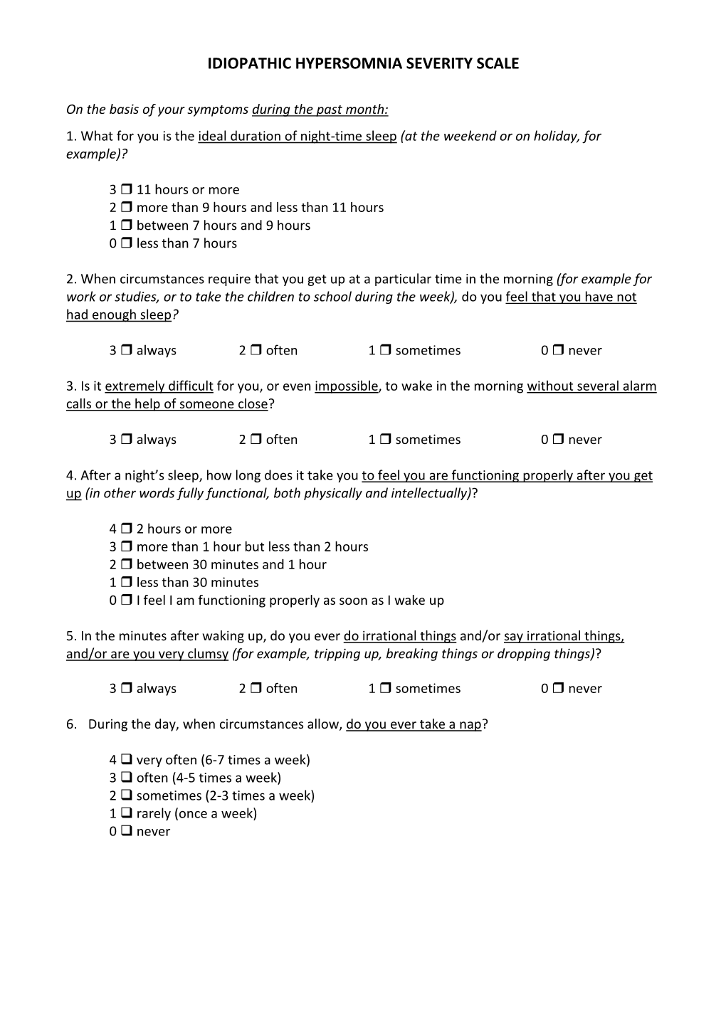 Idiopathic Hypersomnia Severity Scale