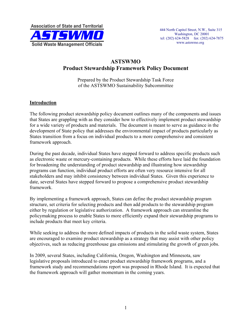 ASTSWMO Product Stewardship Framework Policy Document